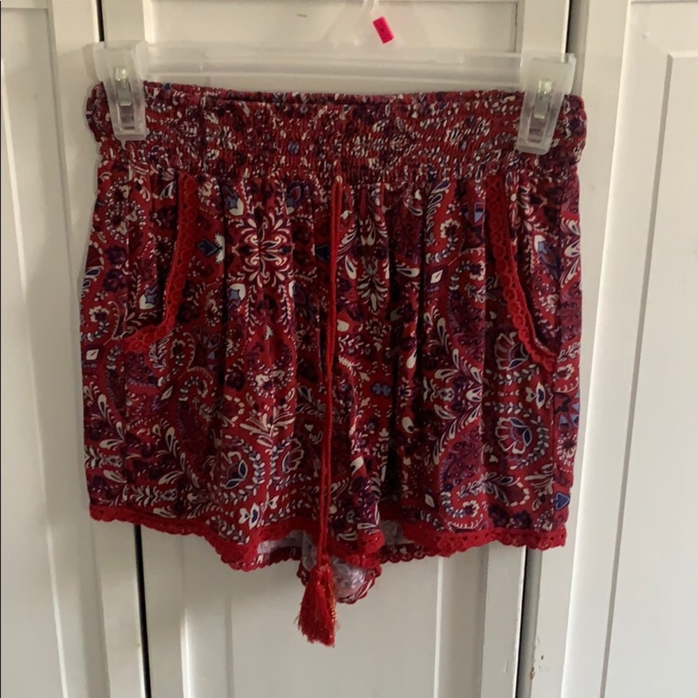 Flowy red white and blue shorts.